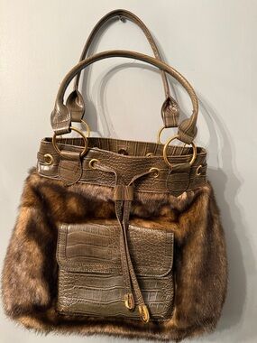 Fabulous Furs Brown Faux Fur & Croc-Embossed Shoulder Bag with Gold Rings